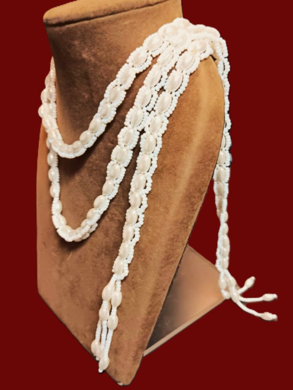 Necklace, vintage, lariat style, woven faux seed and rice pearls and tassel drop